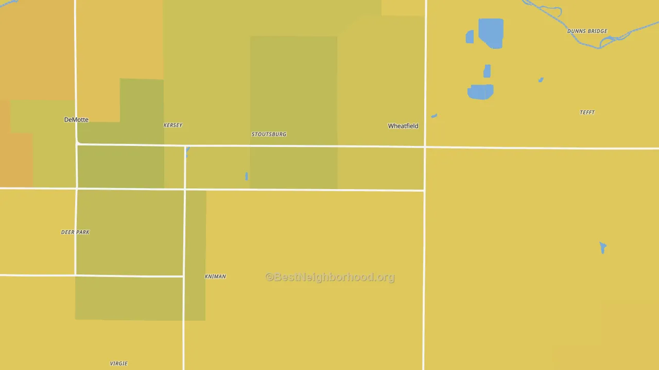 Map of the best neighborhoods in the Wheatfield area, with better matches in green and worse matches in red