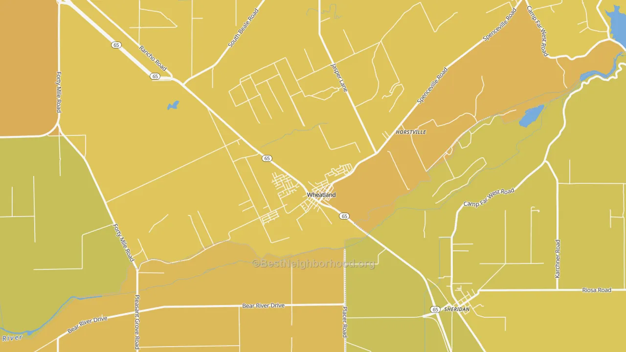 Map of the best neighborhoods in the Wheatland area, with better matches in green and worse matches in red