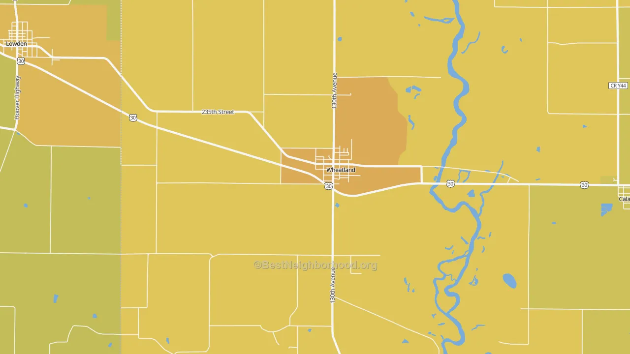 Map of the best neighborhoods in the Wheatland area, with better matches in green and worse matches in red