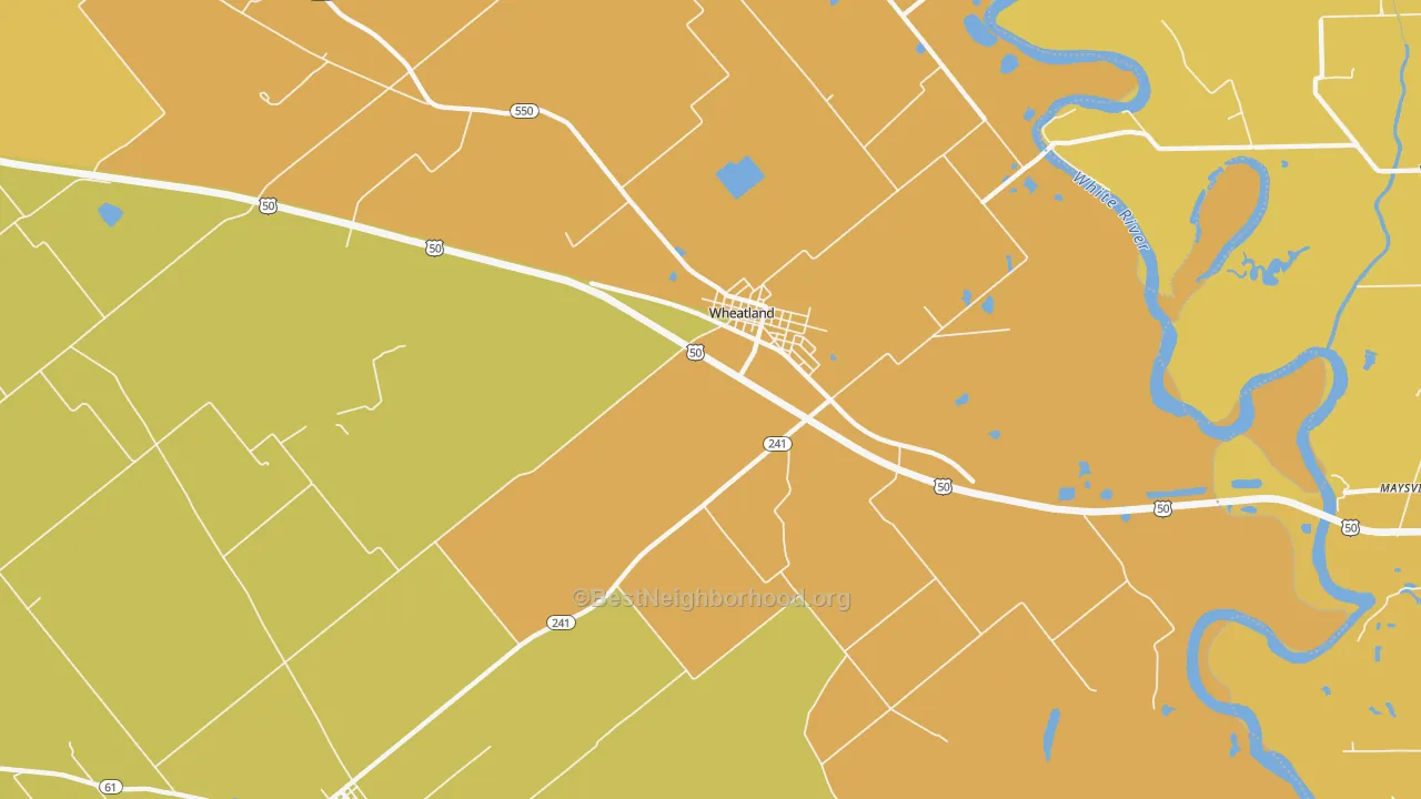 Map of the best neighborhoods in the Wheatland area, with better matches in green and worse matches in red