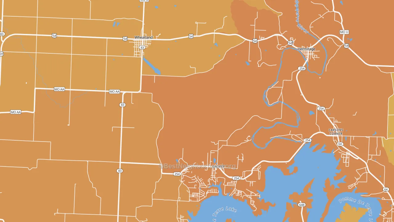 Map of the best neighborhoods in the Wheatland area, with better matches in green and worse matches in red