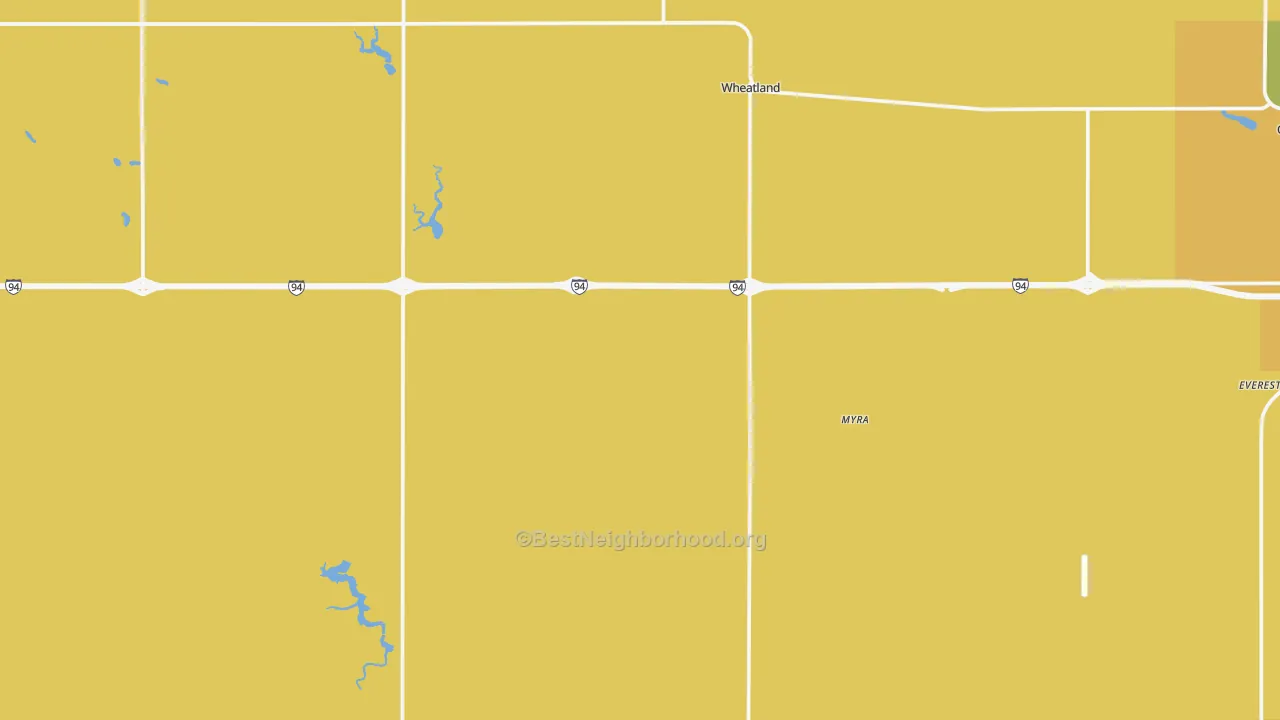 Map of the best neighborhoods in the Wheatland area, with better matches in green and worse matches in red