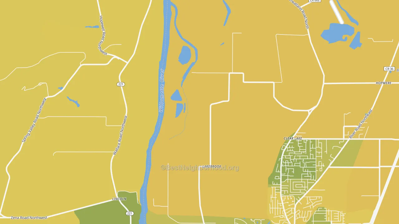 Map of the best neighborhoods in the Wheatland area, with better matches in green and worse matches in red