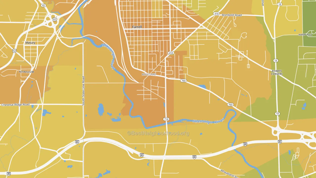 Map of the best neighborhoods in the Wheatland area, with better matches in green and worse matches in red