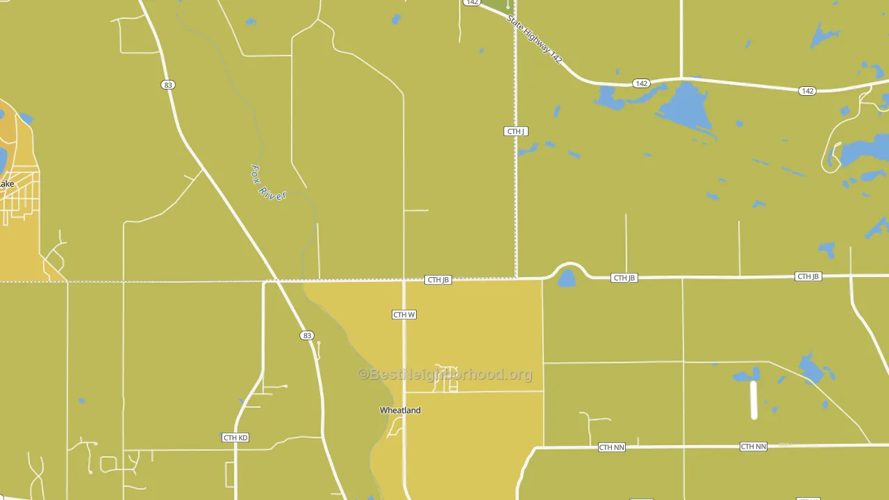 Map of the best neighborhoods in the Wheatland area, with better matches in green and worse matches in red