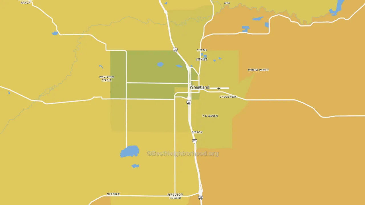 Map of the best neighborhoods in the Wheatland area, with better matches in green and worse matches in red