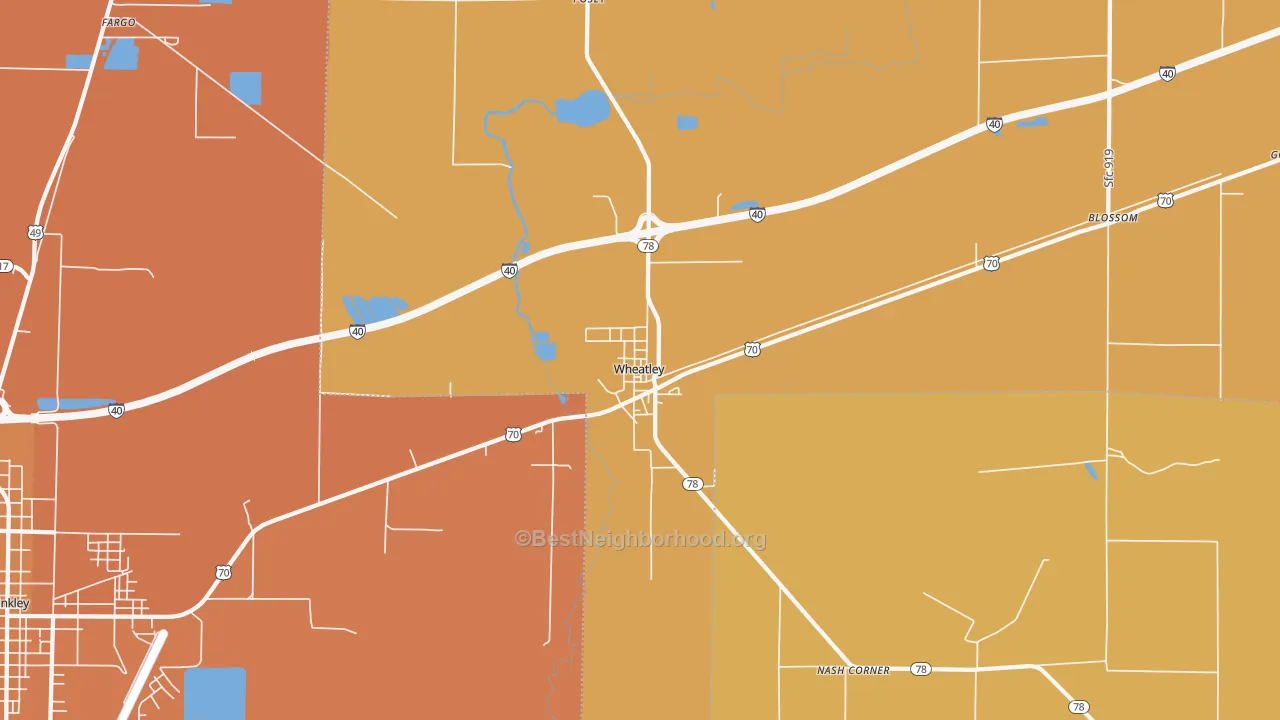 Map of the best neighborhoods in the Wheatley area, with better matches in green and worse matches in red