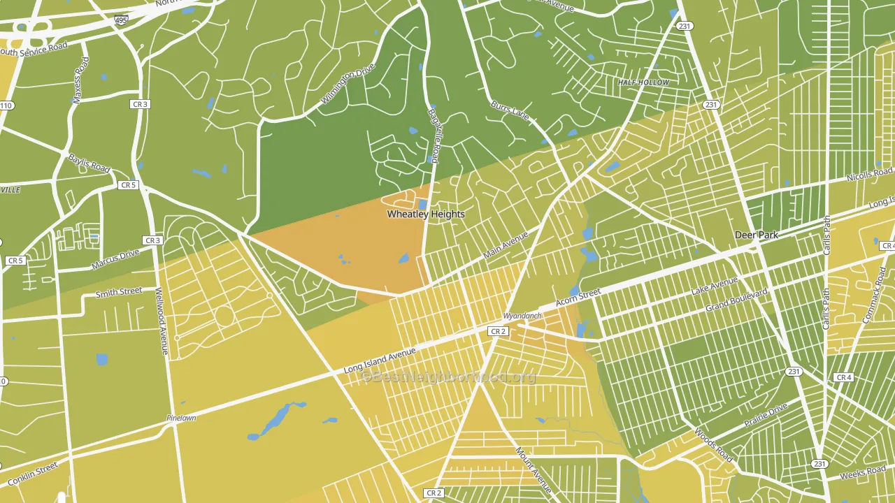 Map of the best neighborhoods in the Wheatley Heights, Wyandanch area, with better matches in green and worse matches in red
