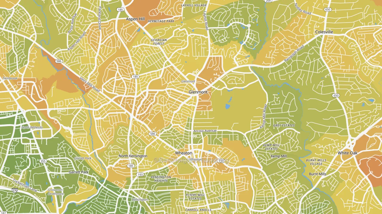 Map of the best neighborhoods in the Wheaton-Glenmont, Wheaton area, with better matches in green and worse matches in red