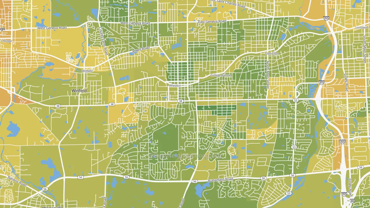 Map of the best neighborhoods in the Wheaton area, with better matches in green and worse matches in red