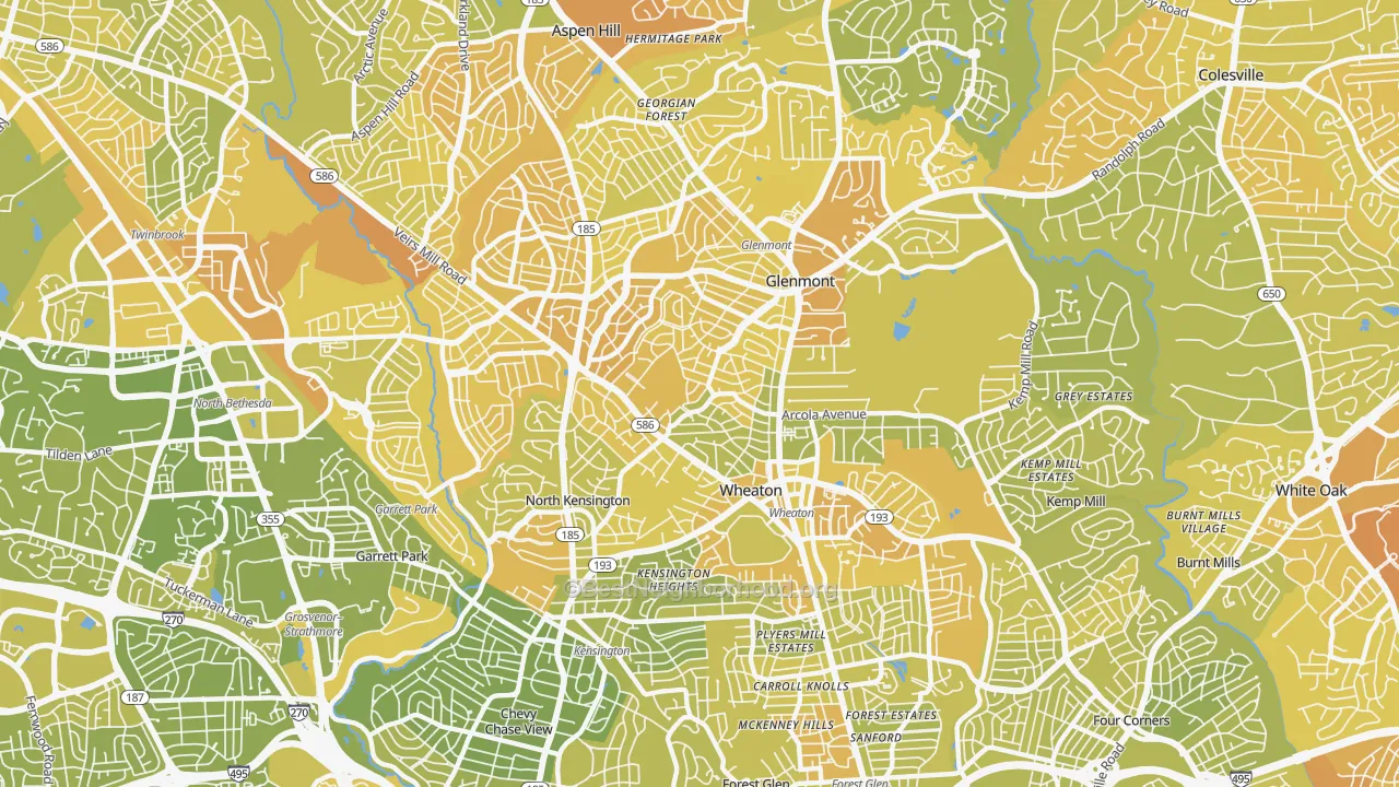 Map of the best neighborhoods in the Wheaton area, with better matches in green and worse matches in red