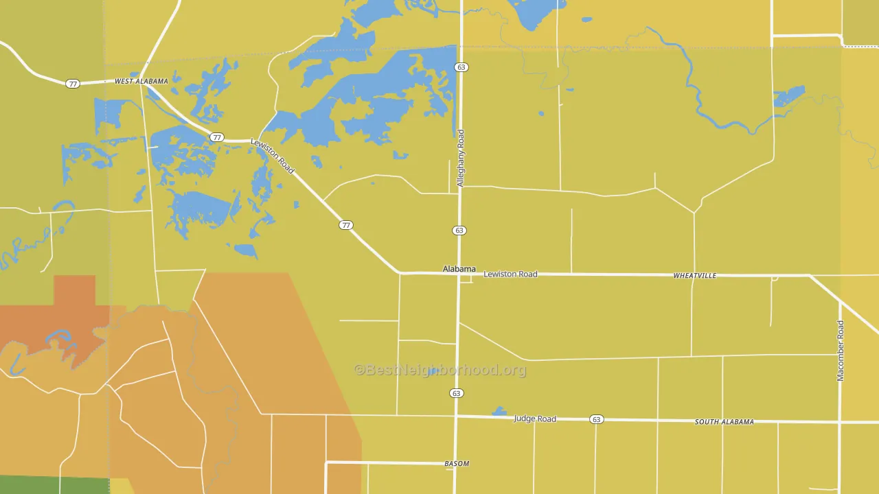 Map of the best neighborhoods in the Wheatville area, with better matches in green and worse matches in red