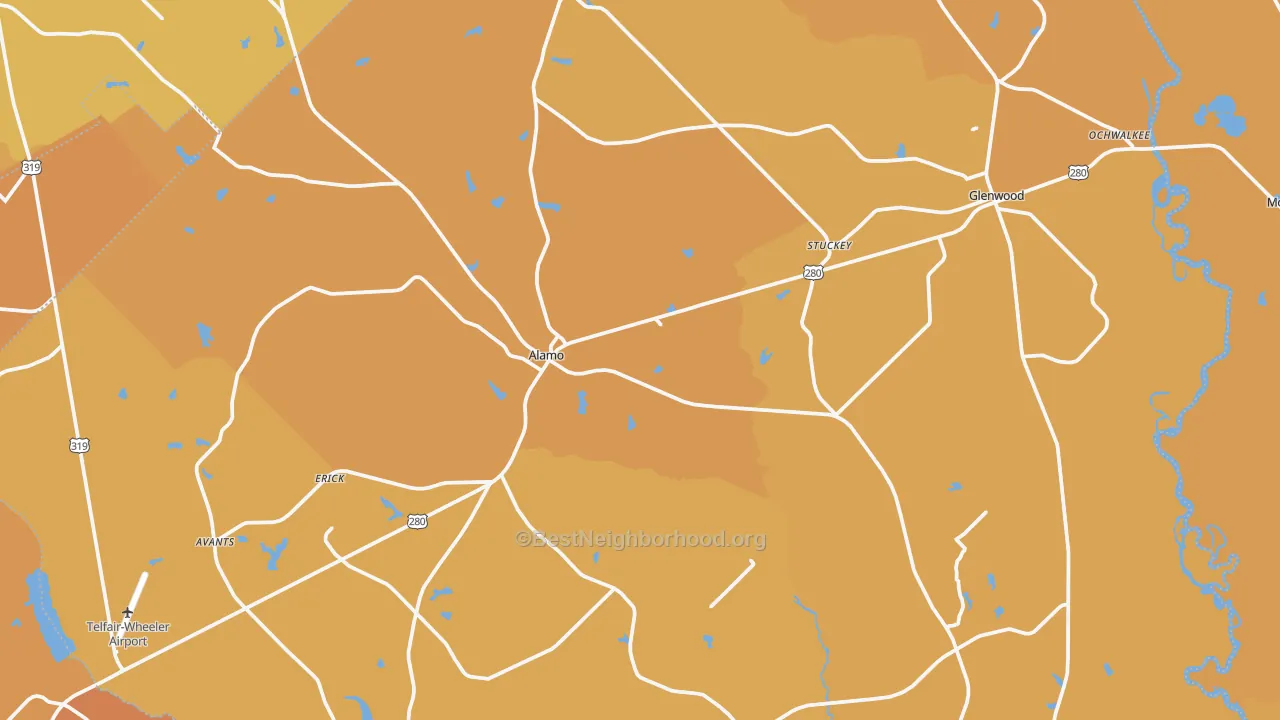 Map of the best neighborhoods in the Wheeler County area, with better matches in green and worse matches in red