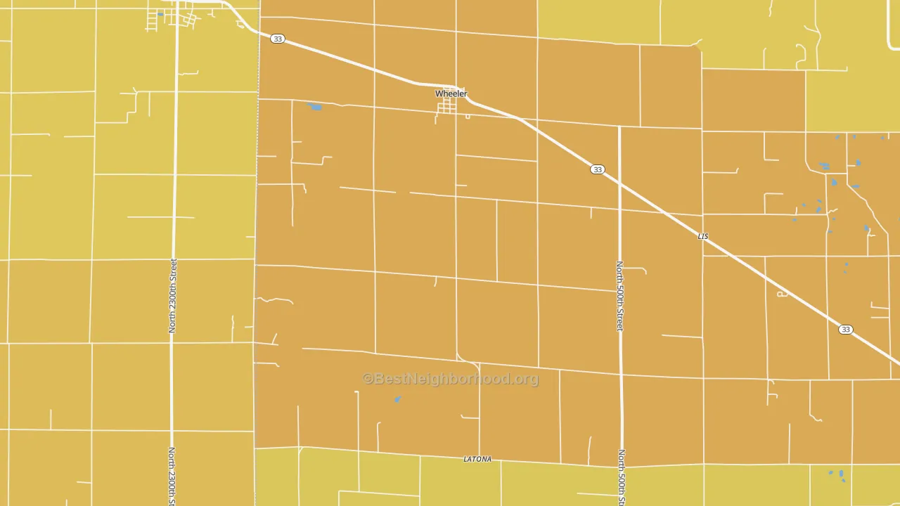 Map of the best neighborhoods in the Wheeler area, with better matches in green and worse matches in red