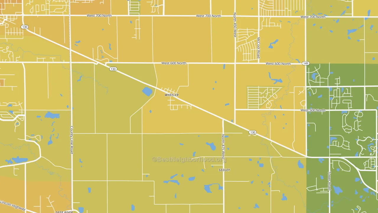 Map of the best neighborhoods in the Wheeler area, with better matches in green and worse matches in red