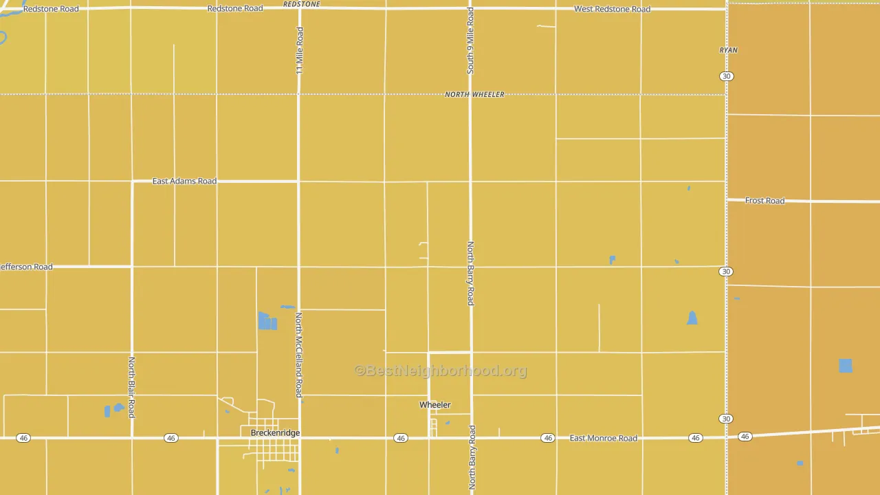 Map of the best neighborhoods in the Wheeler area, with better matches in green and worse matches in red