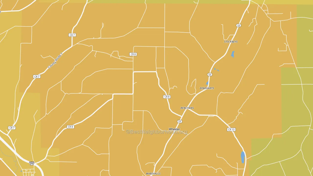 Map of the best neighborhoods in the Wheeler area, with better matches in green and worse matches in red