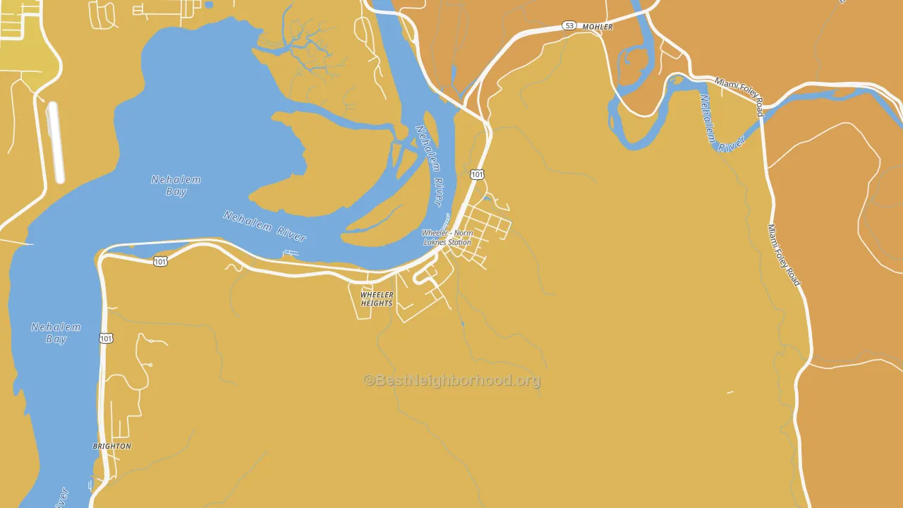 Map of the best neighborhoods in the Wheeler area, with better matches in green and worse matches in red