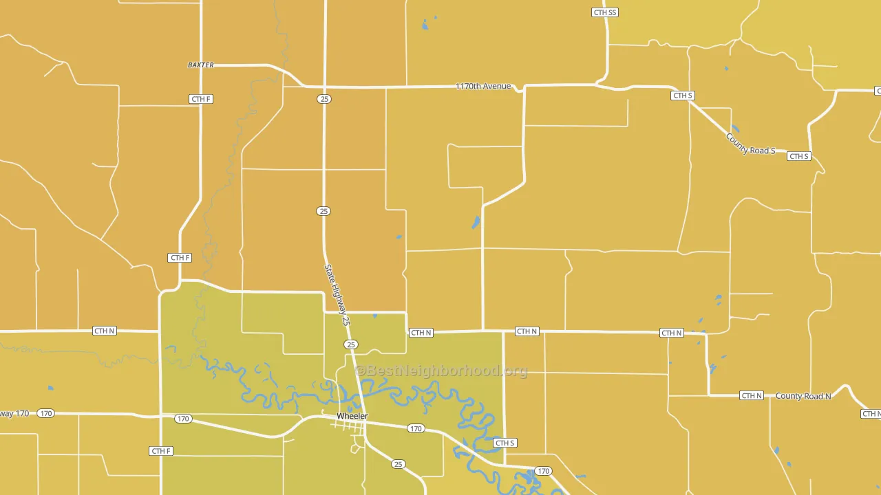 Map of the best neighborhoods in the Wheeler area, with better matches in green and worse matches in red