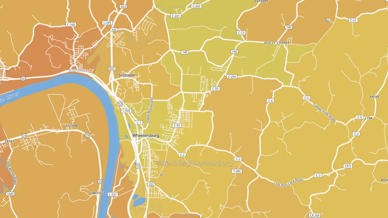 Map of the best neighborhoods in the Wheelersburg area, with better matches in green and worse matches in red