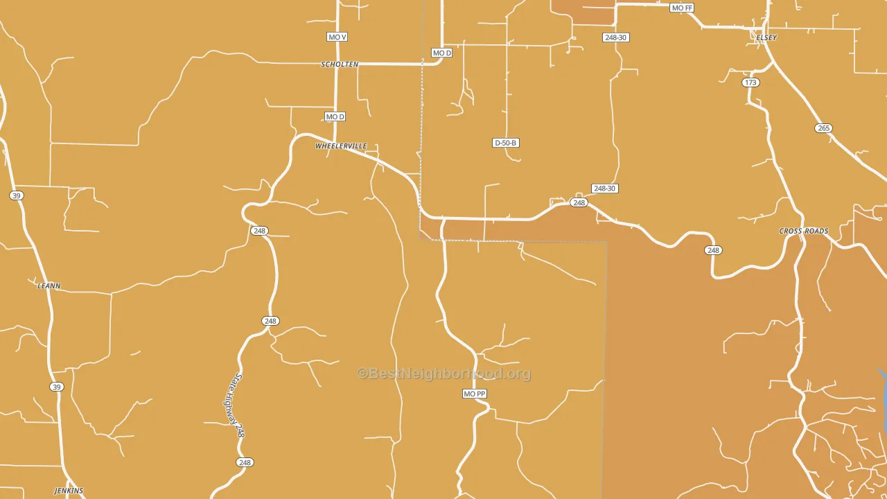Map of the best neighborhoods in the Wheelerville area, with better matches in green and worse matches in red