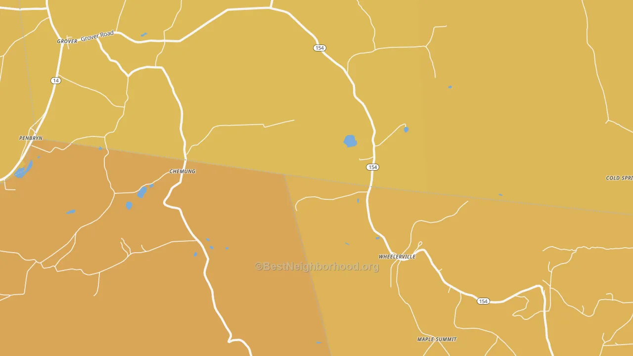 Map of the best neighborhoods in the Wheelerville area, with better matches in green and worse matches in red