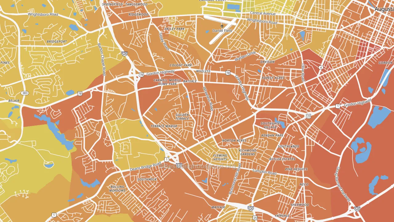 Map of the best neighborhoods in the Wheeless Road, Augusta area, with better matches in green and worse matches in red