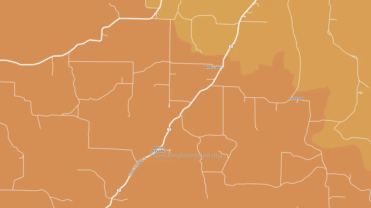 Map of the best neighborhoods in the Wheeling area, with better matches in green and worse matches in red