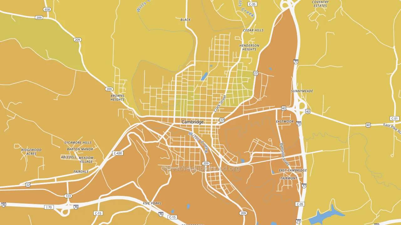 Map of the best neighborhoods in the Wheeling Avenue Historic District, Cambridge area, with better matches in green and worse matches in red