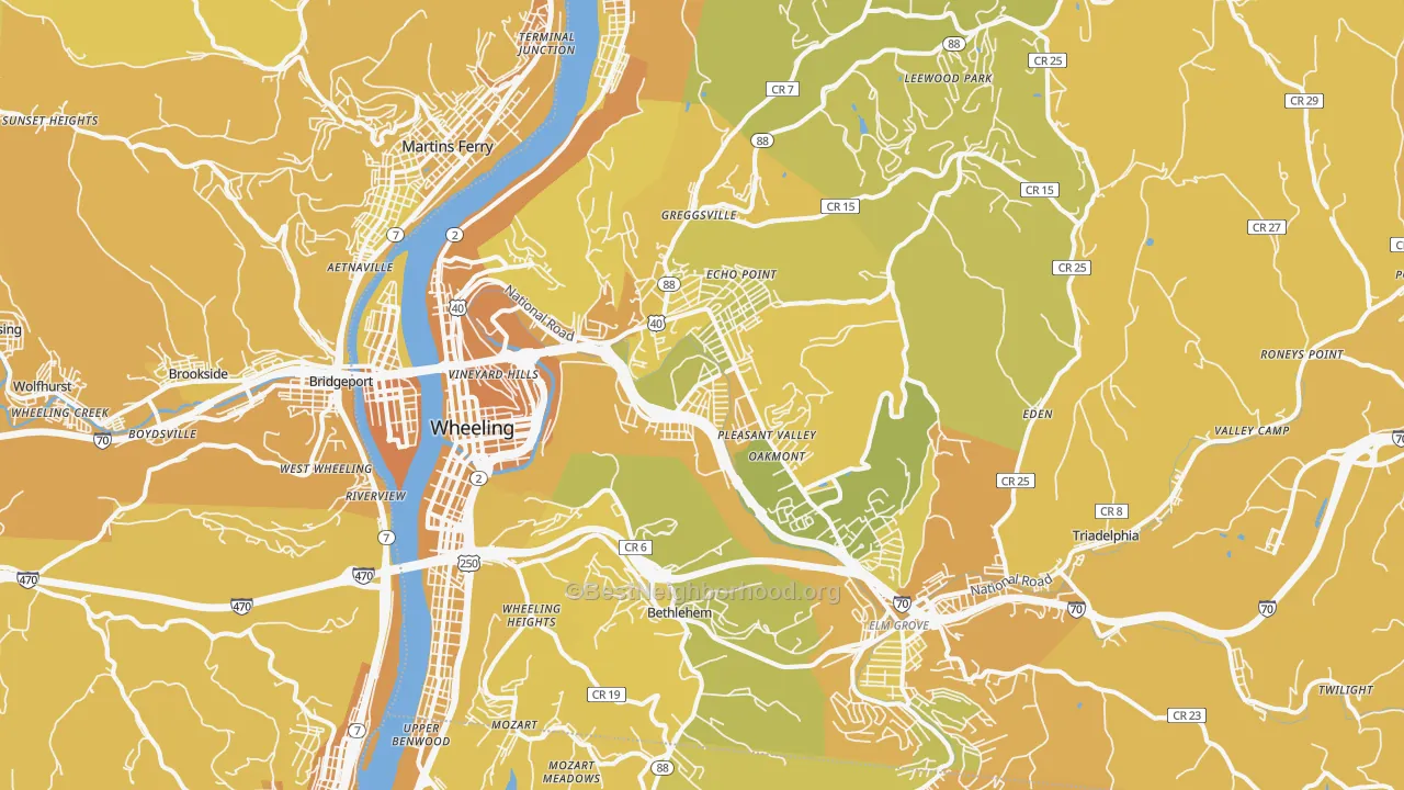 Map of the best neighborhoods in the Wheeling Metro area, with better matches in green and worse matches in red
