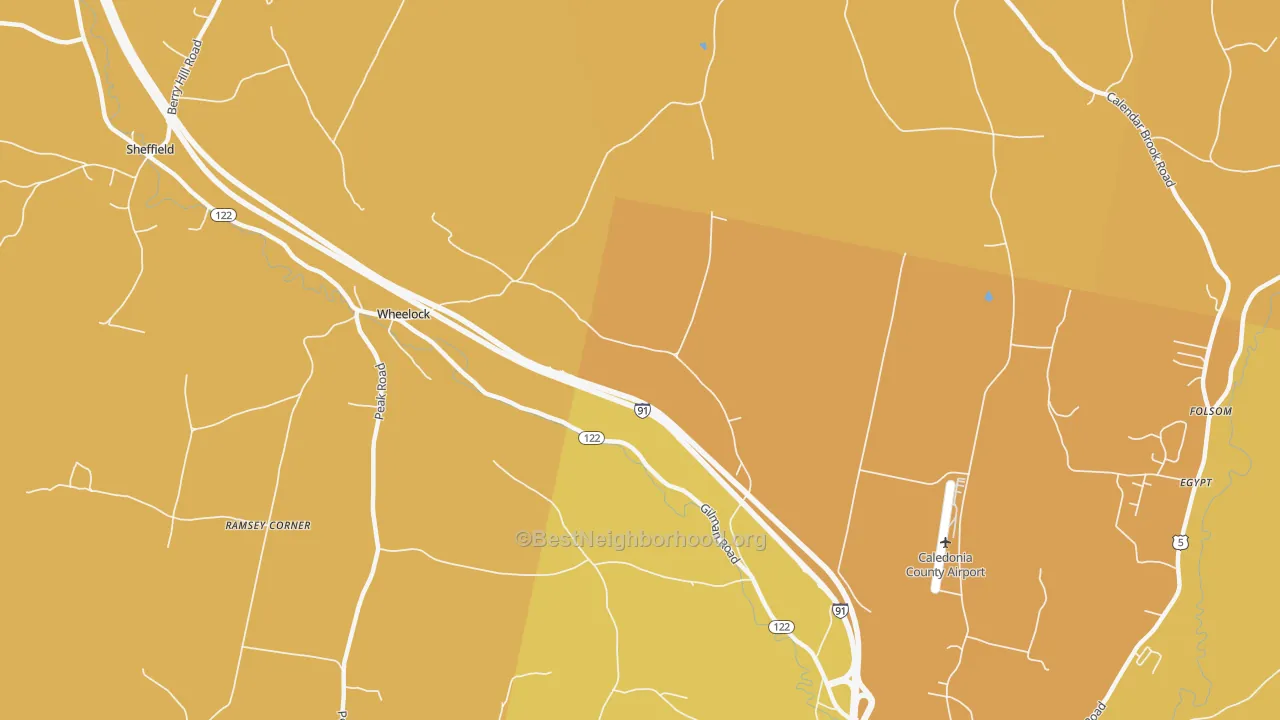 Map of the best neighborhoods in the Wheelock area, with better matches in green and worse matches in red