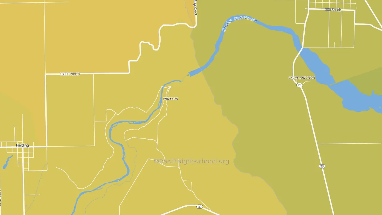 Map of the best neighborhoods in the Wheelon area, with better matches in green and worse matches in red