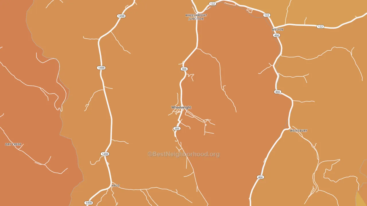 Map of the best neighborhoods in the Wheelwright area, with better matches in green and worse matches in red
