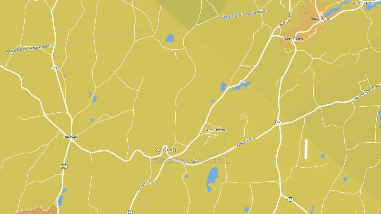 Map of the best neighborhoods in the Wheelwright area, with better matches in green and worse matches in red