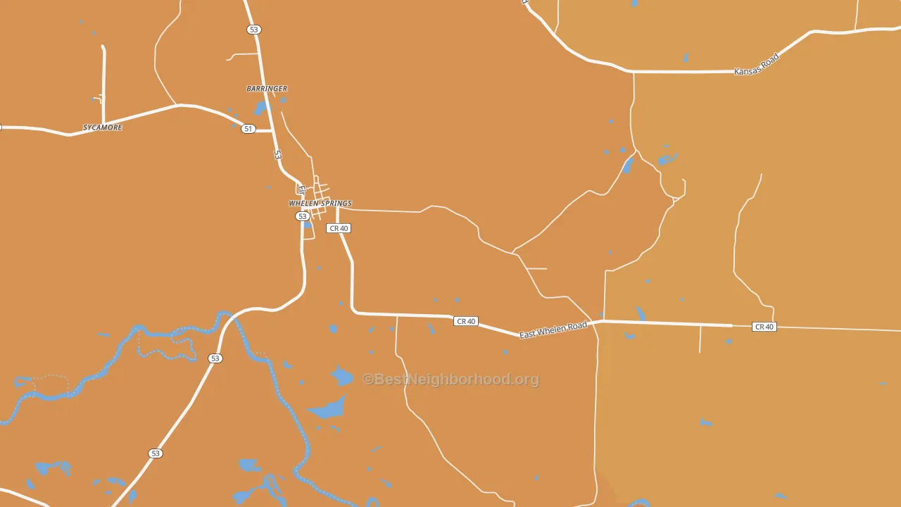 Map of the best neighborhoods in the Whelen Springs area, with better matches in green and worse matches in red