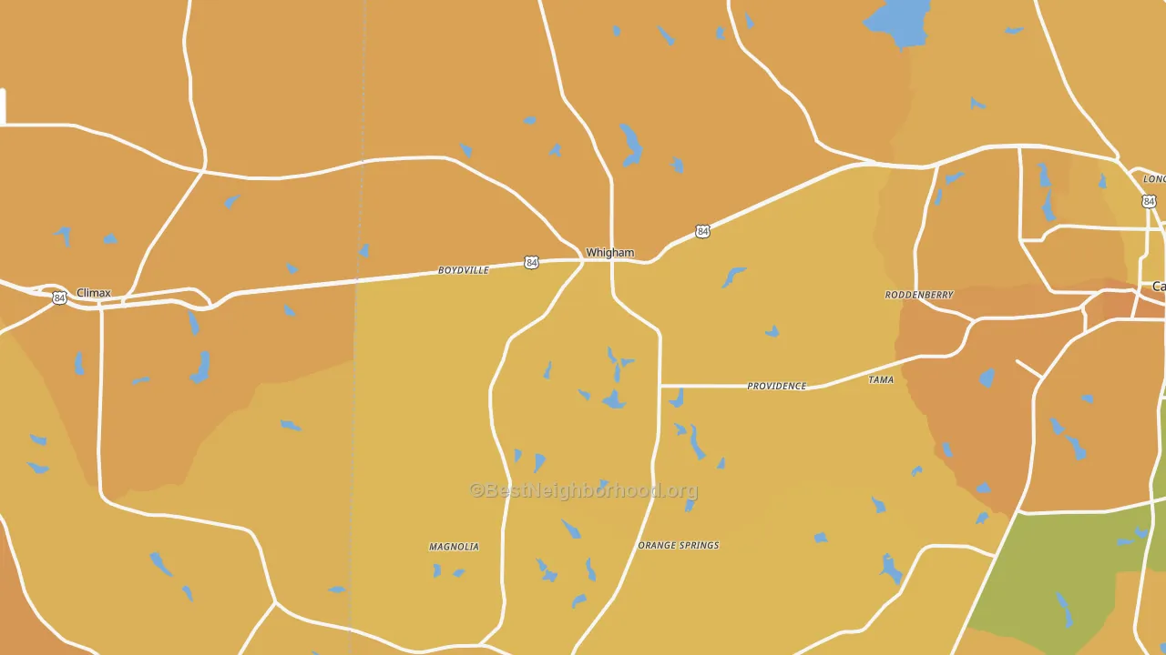 Map of the best neighborhoods in the Whigham area, with better matches in green and worse matches in red