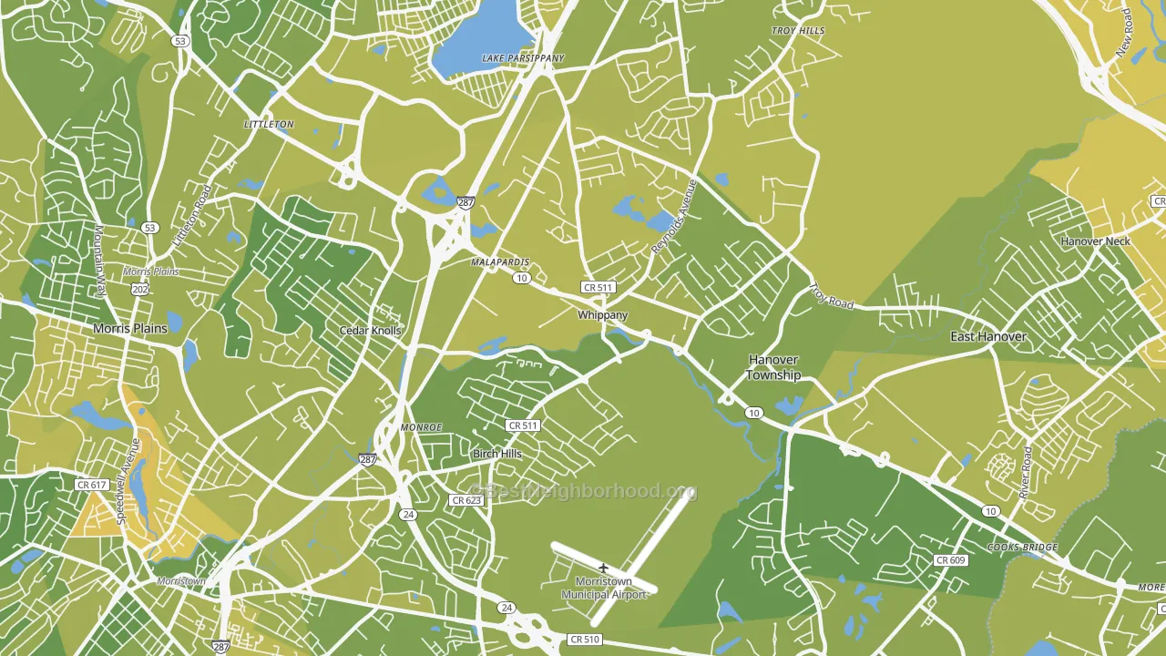 Map of the best neighborhoods in the Whippany area, with better matches in green and worse matches in red