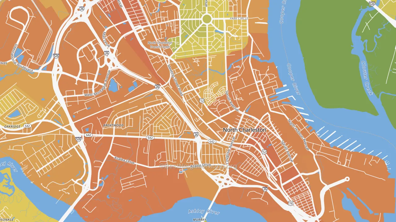 Map of the best neighborhoods in the Whipper Barnoy, North Charleston area, with better matches in green and worse matches in red