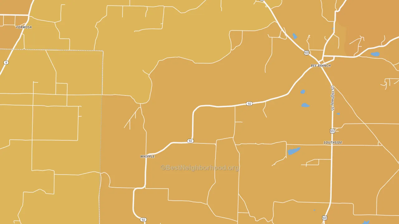 Map of the best neighborhoods in the Whipple area, with better matches in green and worse matches in red