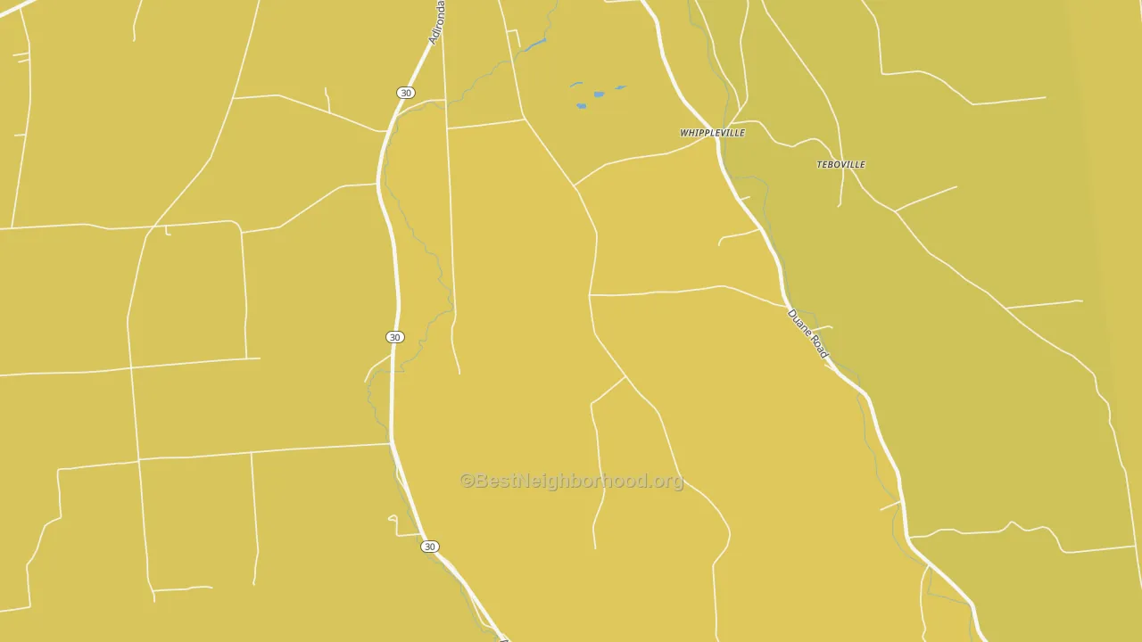 Map of the best neighborhoods in the Whippleville area, with better matches in green and worse matches in red