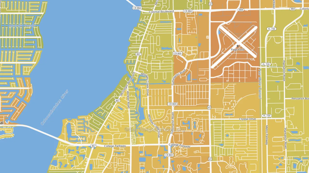 Map of the best neighborhoods in the Whiskey Creek area, with better matches in green and worse matches in red