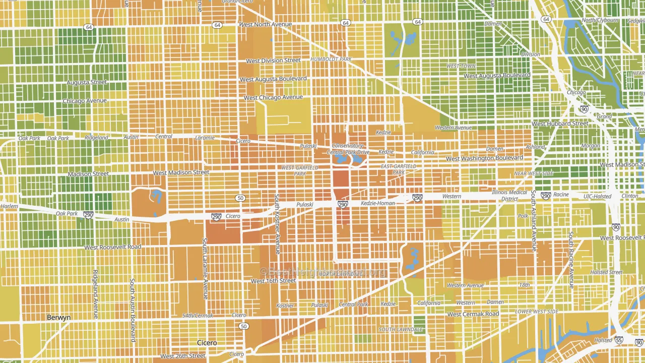 Map of the best neighborhoods in the Whiskey Point, Chicago area, with better matches in green and worse matches in red