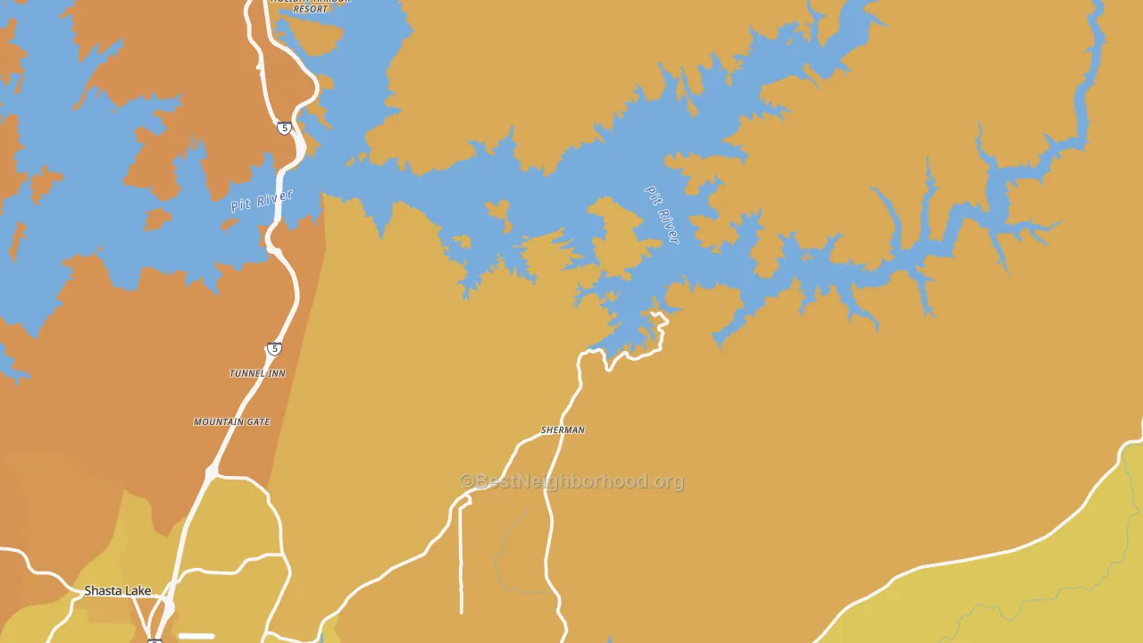 Map of the best neighborhoods in the Whiskeytown area, with better matches in green and worse matches in red
