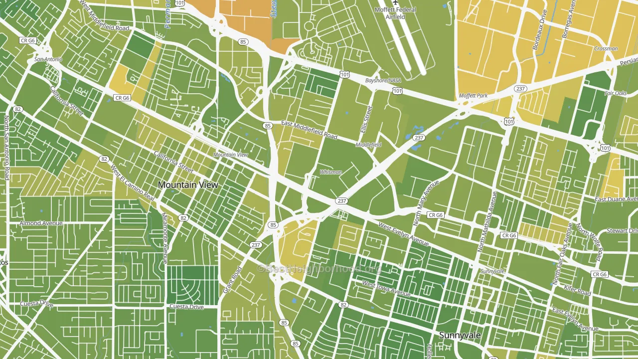 Map of the best neighborhoods in the Whisman Station, Mountain View area, with better matches in green and worse matches in red