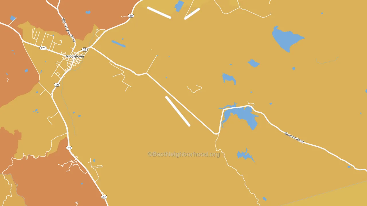 Map of the best neighborhoods in the Whispering Pines area, with better matches in green and worse matches in red