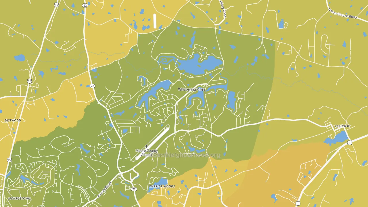 Map of the best neighborhoods in the Whispering Pines area, with better matches in green and worse matches in red