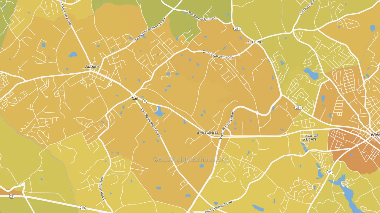 Map of the best neighborhoods in the Whistleville area, with better matches in green and worse matches in red