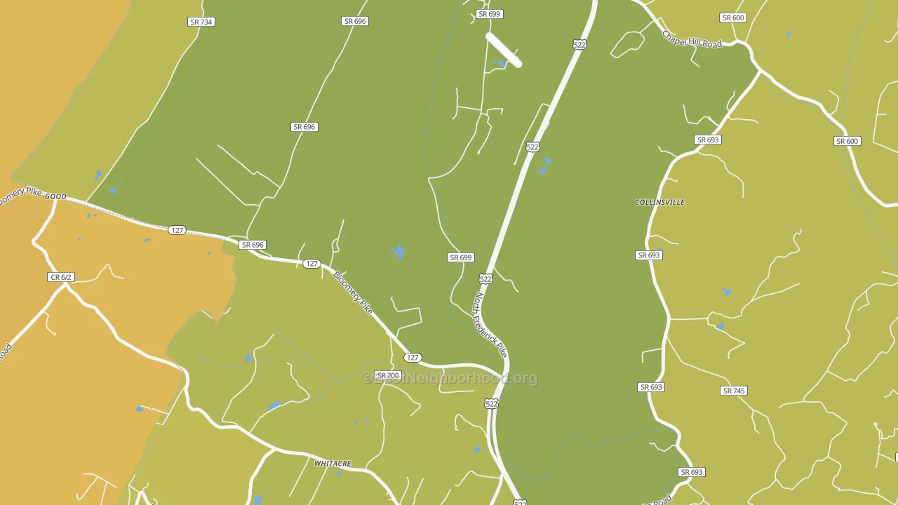 Map of the best neighborhoods in the Whitacre area, with better matches in green and worse matches in red