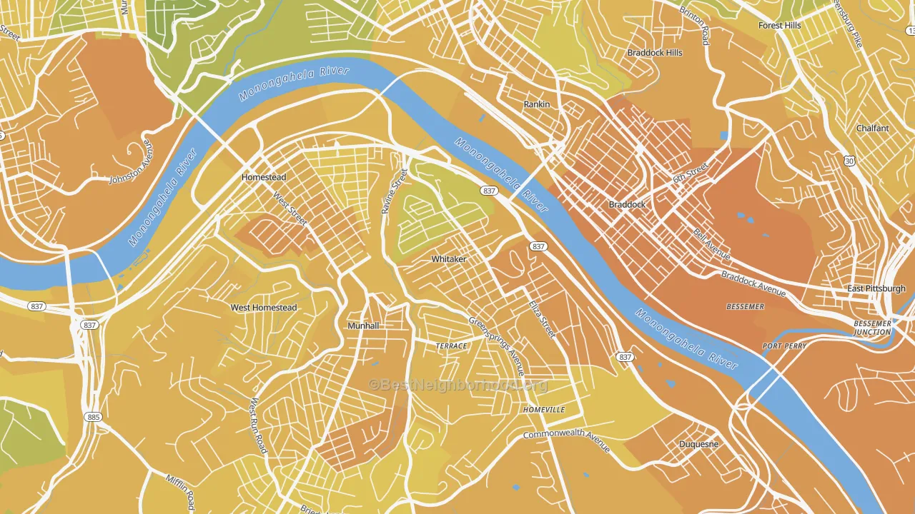 Map of the best neighborhoods in the Whitaker area, with better matches in green and worse matches in red