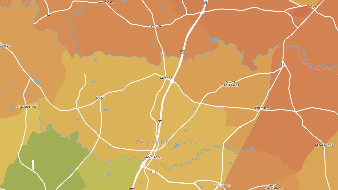 Map of the best neighborhoods in the Whitakers area, with better matches in green and worse matches in red